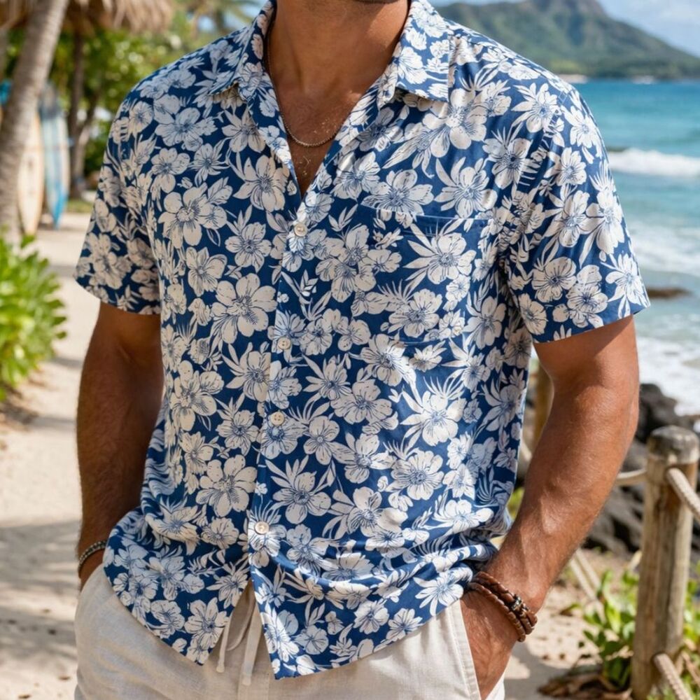 Nat Nast Luxury Cotton Bowling Shirt L Blue Coastal Vacation Vibes Sopranocore